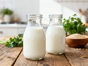 Kremowa zupa brokułowa w ceramicznej misce, podana z dodatkiem świeżych różyczek brokuła, czosnku i aromatycznych ziół.