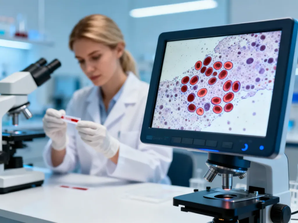 Ekran mikroskopu z widocznym rozmazem krwi i skupiskami płytek krwi w profesjonalnym laboratorium medycznym.