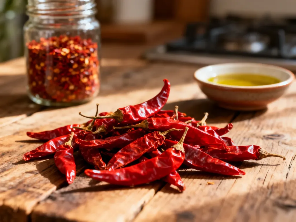 Suszone papryczki peperoncino na drewnianym stole, obok słoiczek z płatkami chili i miseczka z oliwą.