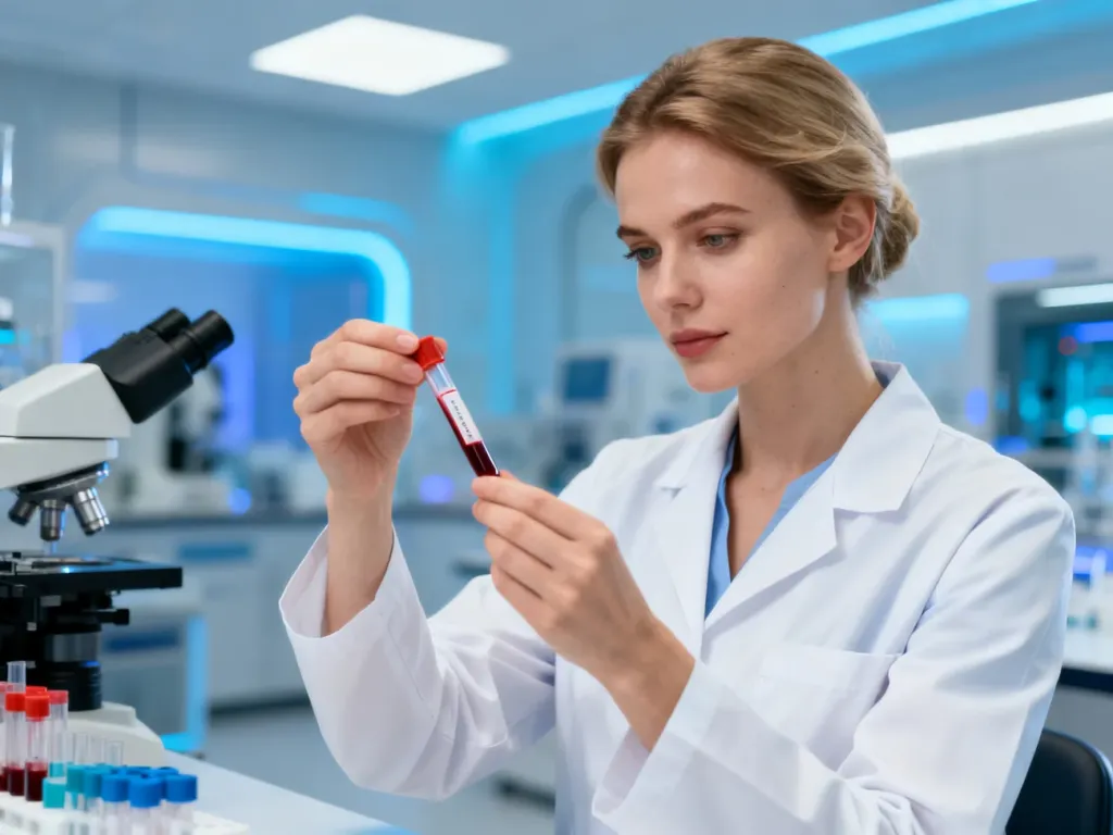 Pracownica laboratorium medycznego trzymająca probówkę z próbką krwi w nowoczesnym gabinecie diagnostycznym.