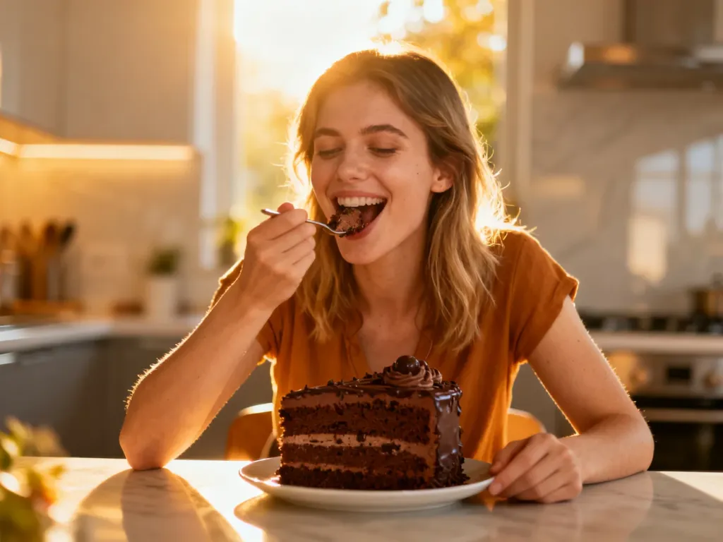 Uśmiechnięta kobieta jedząca kawałek czekoladowego ciasta przy kuchennym stole w słoneczny poranek.