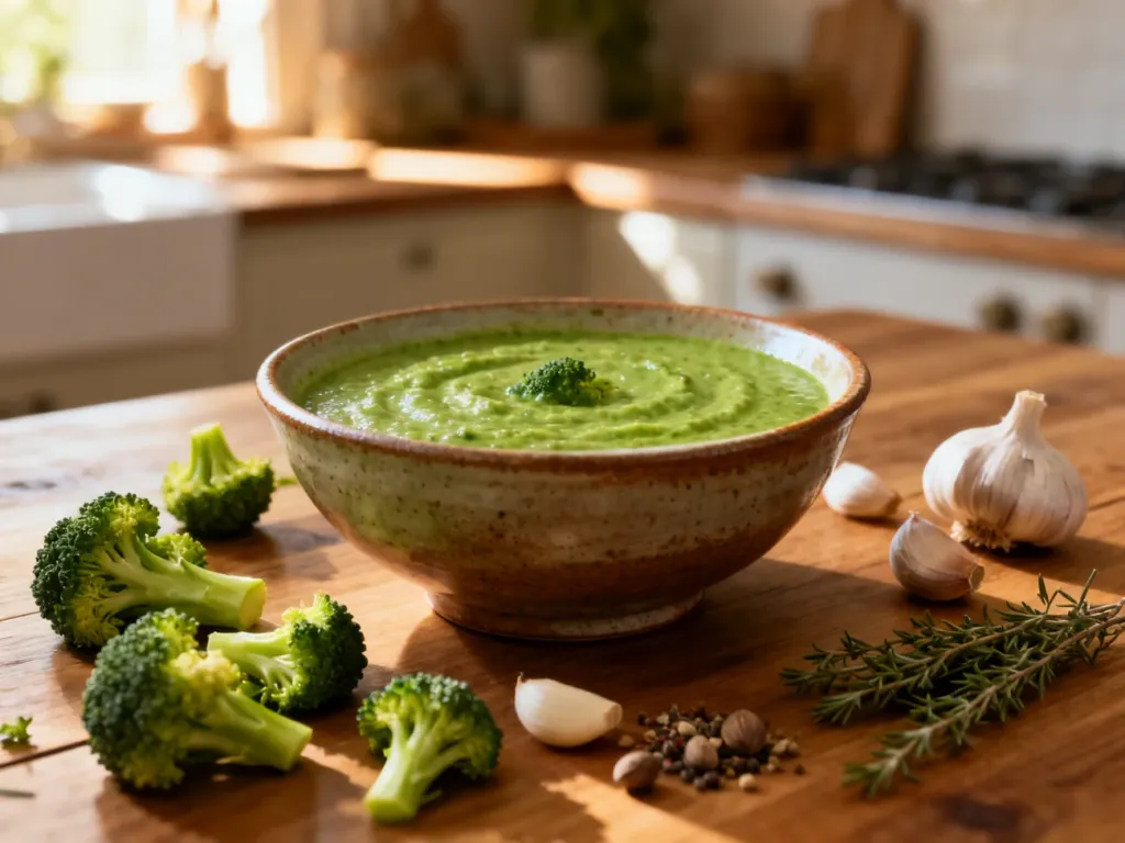 Kremowa zupa brokułowa w ceramicznej misce, podana z dodatkiem świeżych różyczek brokuła, czosnku i aromatycznych ziół.