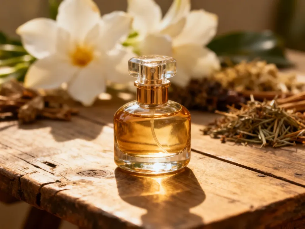 Elegancki flakon perfum na drewnianym stole w otoczeniu kwiatów, podkreślający naturalne i roślinne pochodzenie piżma.